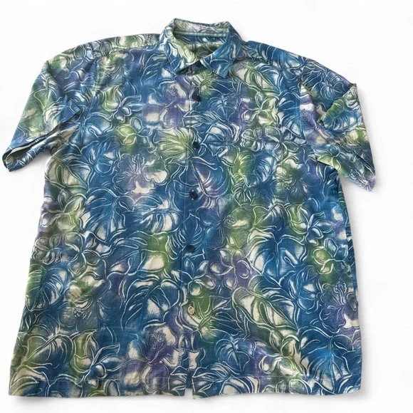 Tommy Bahama Mens Short Sleeve Silk Shirt Floral Hazy Hibiscus Blue Green $150 L - Picture 2 of 5